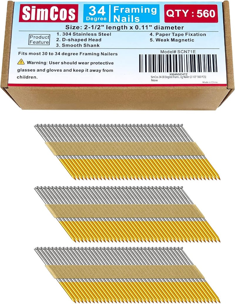 SimCos 34-30 Degree Framing Nails 304 Stainless Steel D Head Paper Tape Strip Nails for 30 to 34 degree Framing Nailer (2-1/2"-560 PCS) - Image 1
